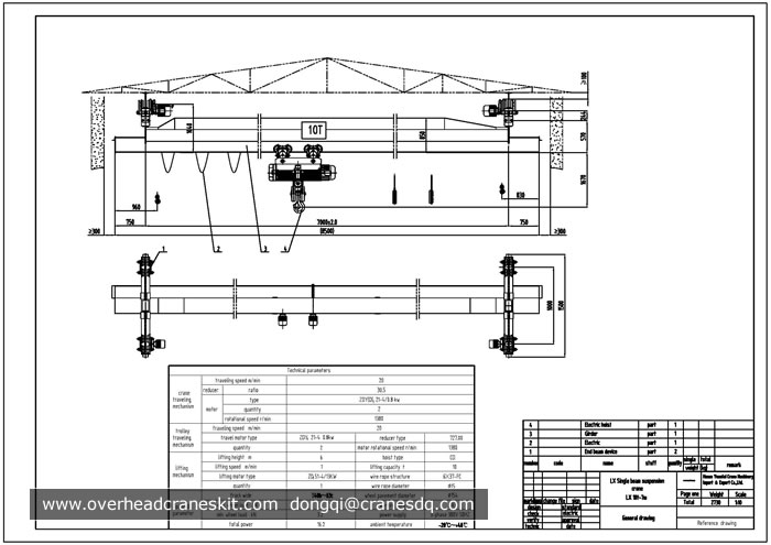 10 ton single girder suspension electric hoist overhead crane drawing