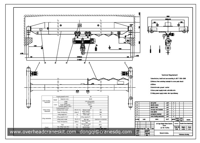 10 ton single girder overhead crane drawing