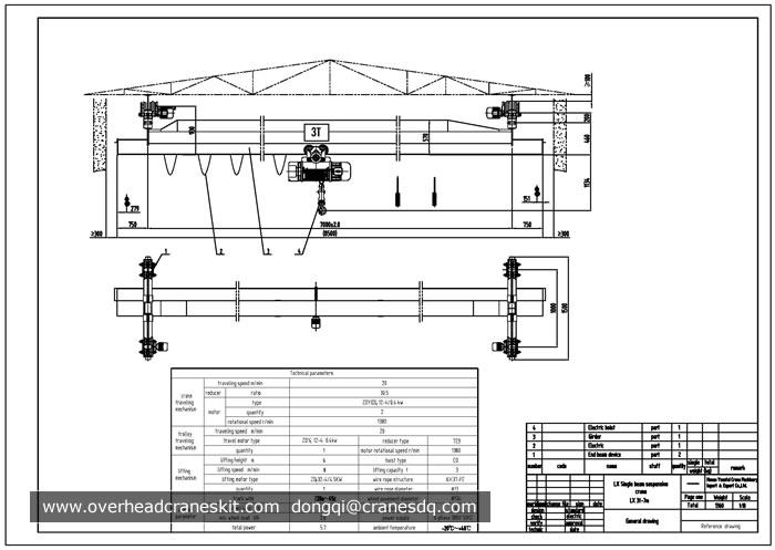 3 ton single girder suspension electric hoist overhead crane drawing