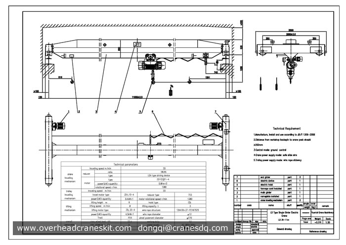 3 ton single girder overhead crane drawing